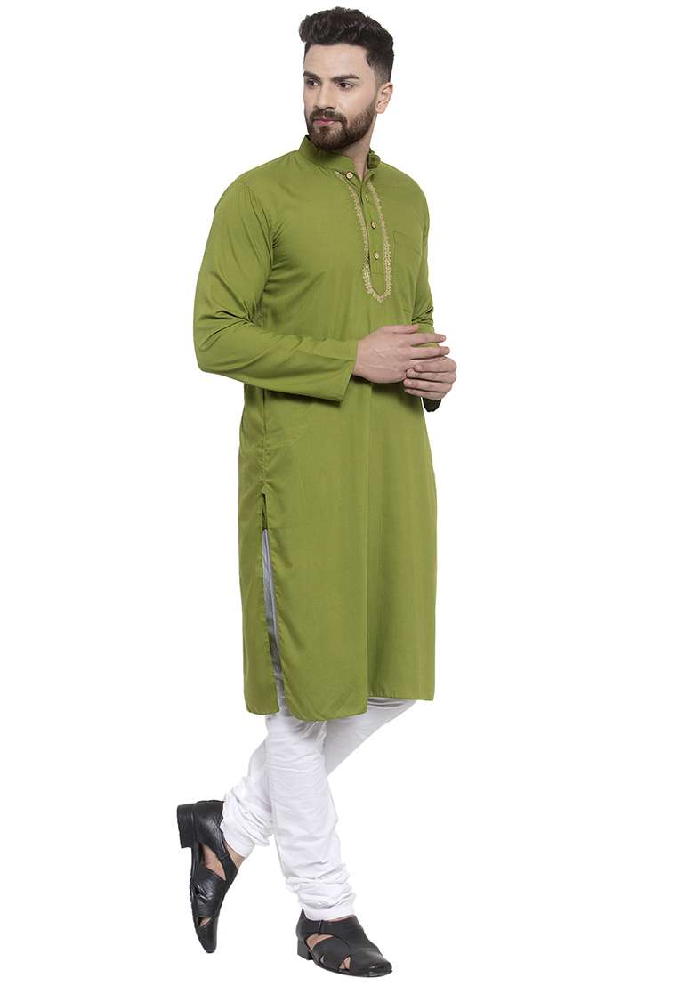 Green Embroidery Sequins Work Cotton Blend Kurta Set For Men - Indya