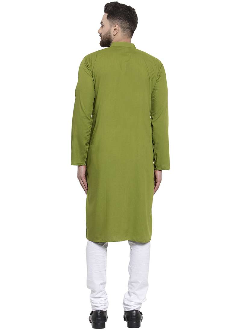 Green Embroidery Sequins Work Cotton Blend Kurta Set For Men - Indya