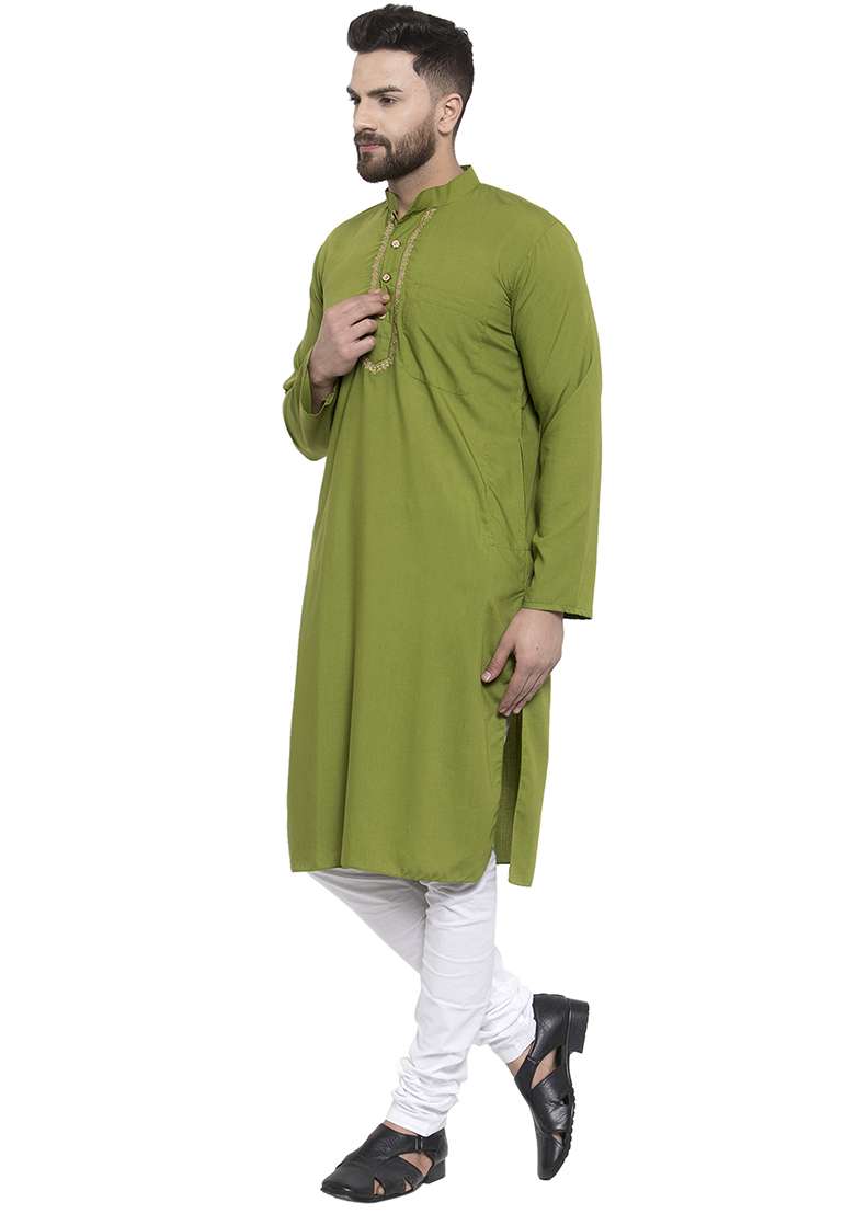 Green Embroidery Sequins Work Cotton Blend Kurta Set For Men - Indya