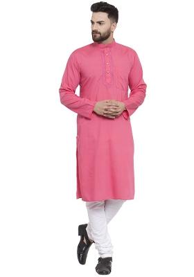 Pink Embroidery Sequins Work Cotton Blend Kurta Set For Men