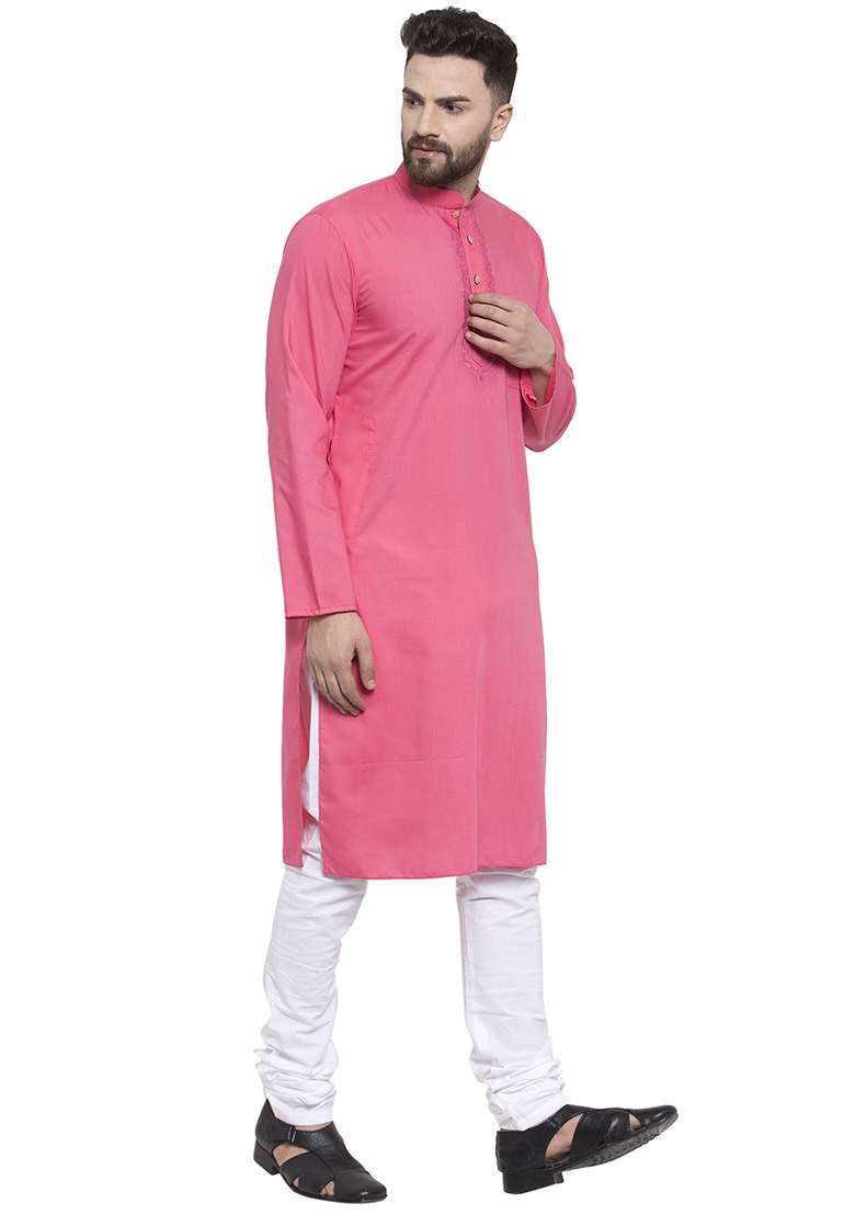 Pink Embroidery Sequins Work Cotton Blend Kurta Set For Men - Indya