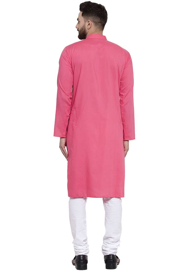 Pink Embroidery Sequins Work Cotton Blend Kurta Set For Men - Indya
