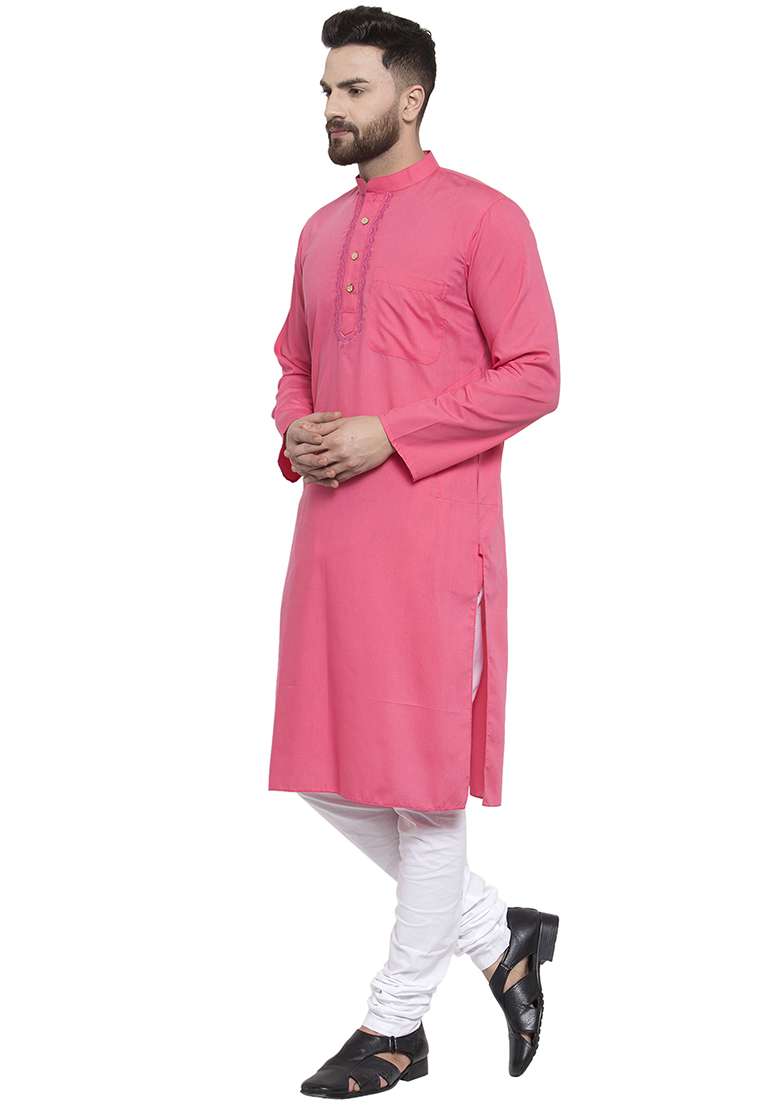 Pink Embroidery Sequins Work Cotton Blend Kurta Set For Men - Indya