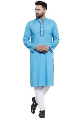 Aqua Blue Embroidery Sequins Work Cotton Blend Kurta Set For Men