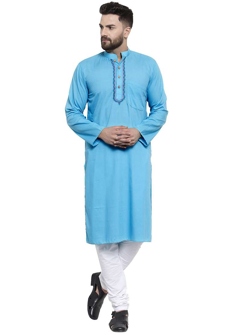 Aqua Blue Embroidery Sequins Work Cotton Blend Kurta Set For Men - Indya