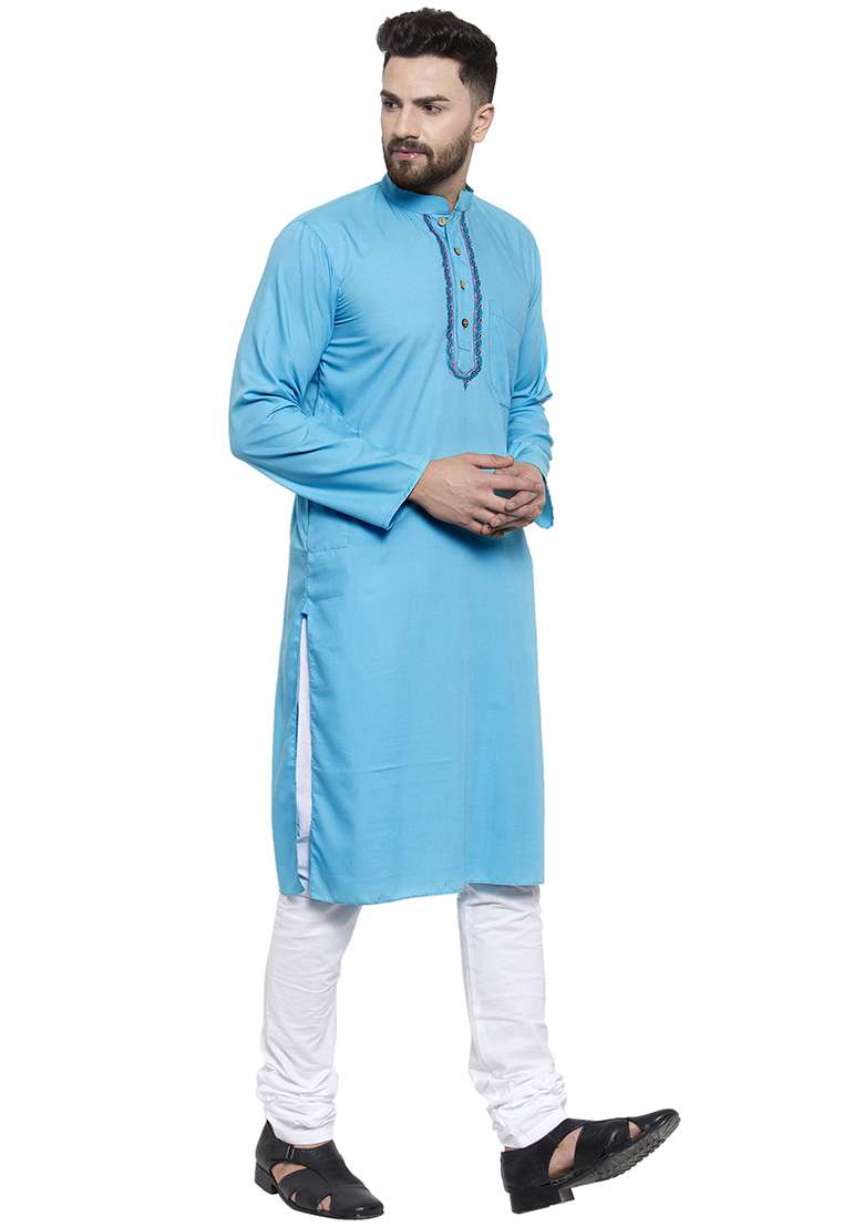 Aqua Blue Embroidery Sequins Work Cotton Blend Kurta Set For Men - Indya