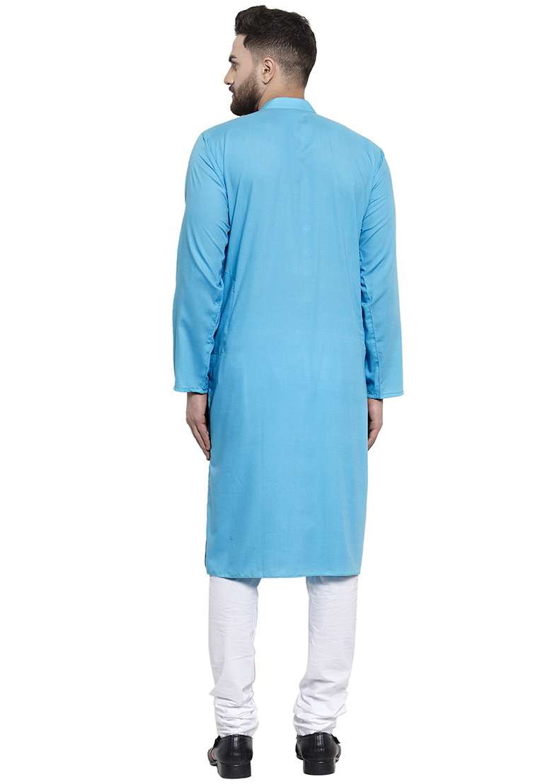 Aqua Blue Embroidery Sequins Work Cotton Blend Kurta Set For Men - Indya