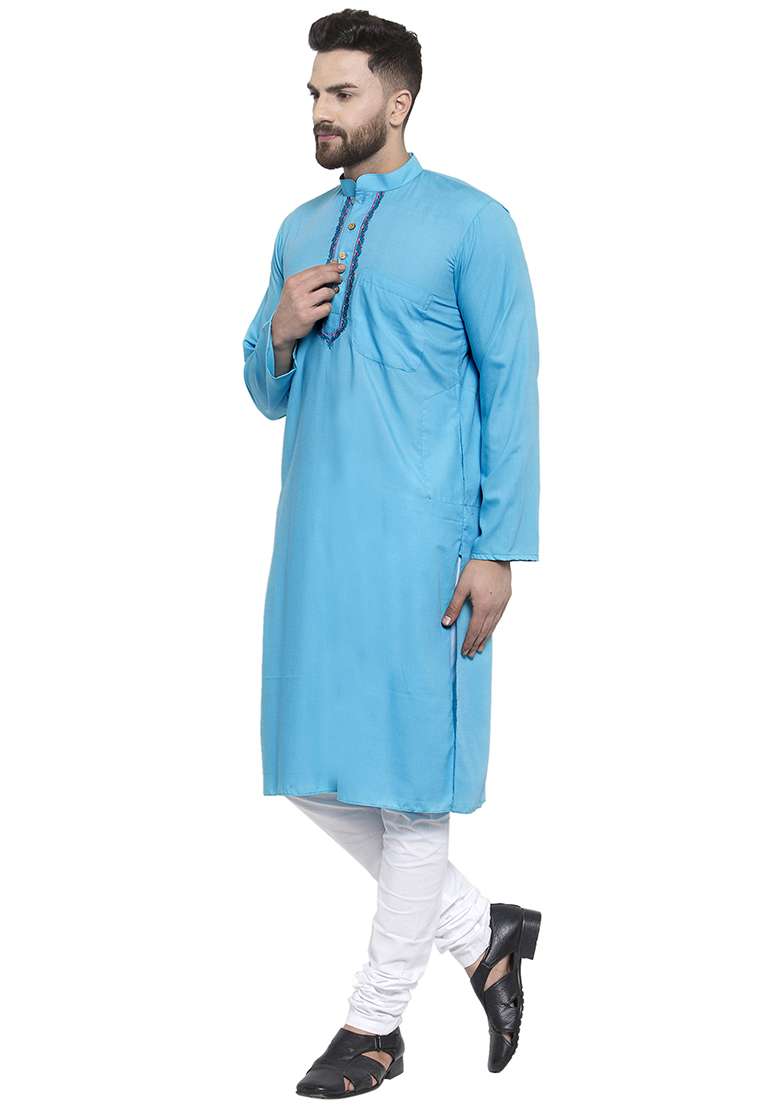 Aqua Blue Embroidery Sequins Work Cotton Blend Kurta Set For Men - Indya