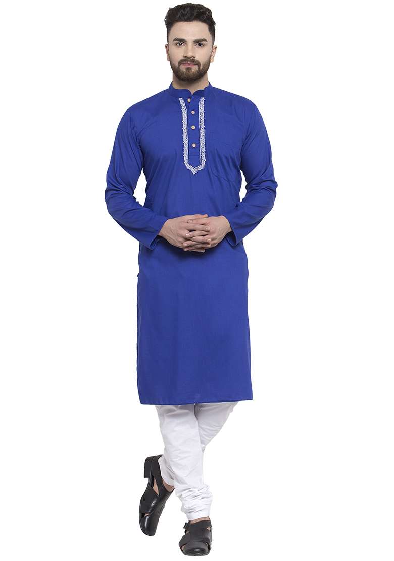 Roayl Blue Embroidery Sequins Work Cotton Blend Kurta Set For Men - Indya