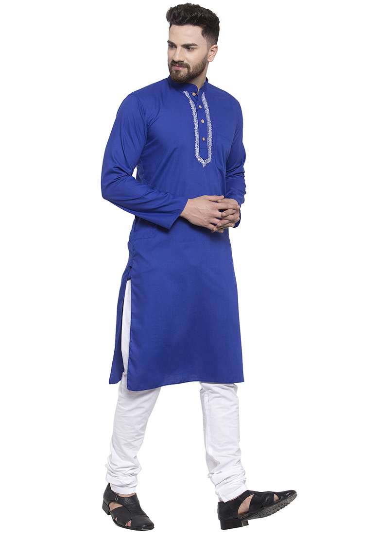 Roayl Blue Embroidery Sequins Work Cotton Blend Kurta Set For Men - Indya
