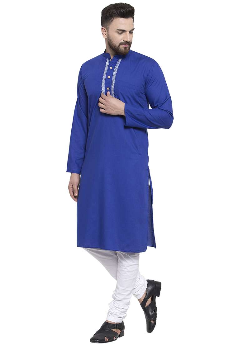 Roayl Blue Embroidery Sequins Work Cotton Blend Kurta Set For Men - Indya
