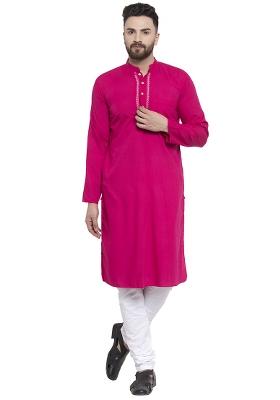 Dark Pink Embroidery Sequins Work Cotton Blend Kurta Set For Men