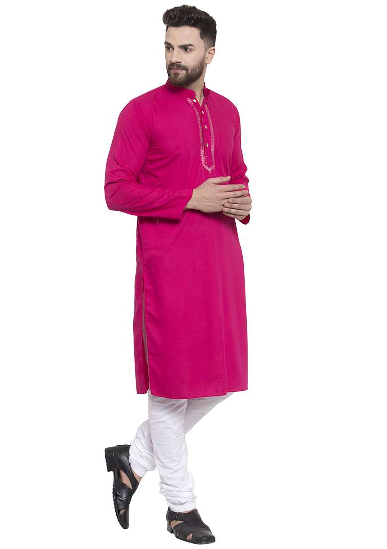Dark Pink Embroidery Sequins Work Cotton Blend Kurta Set For Men - Indya