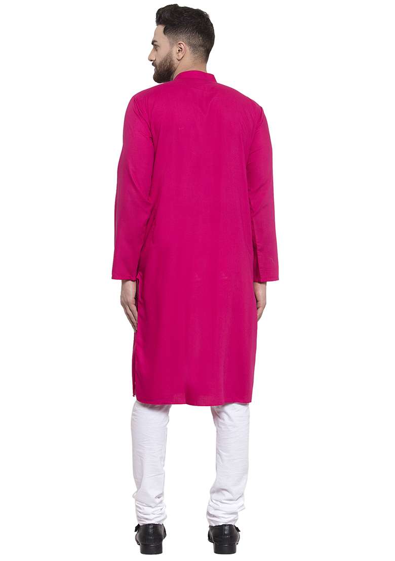 Dark Pink Embroidery Sequins Work Cotton Blend Kurta Set For Men - Indya