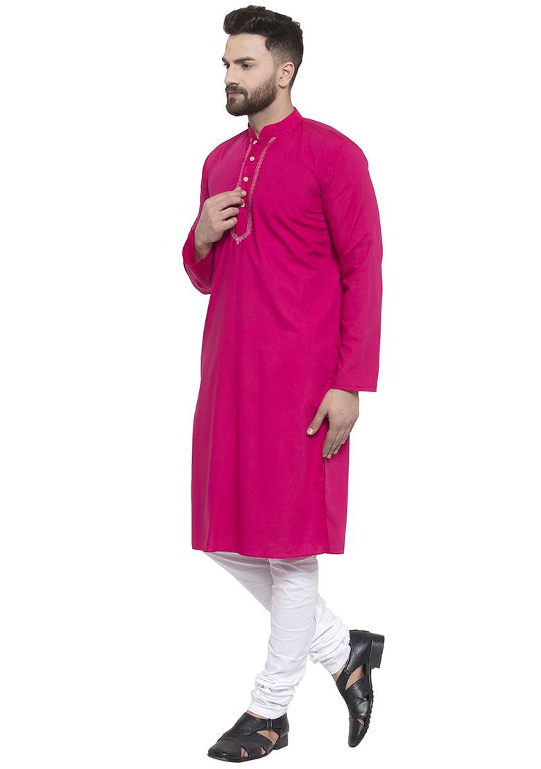 Dark Pink Embroidery Sequins Work Cotton Blend Kurta Set For Men - Indya