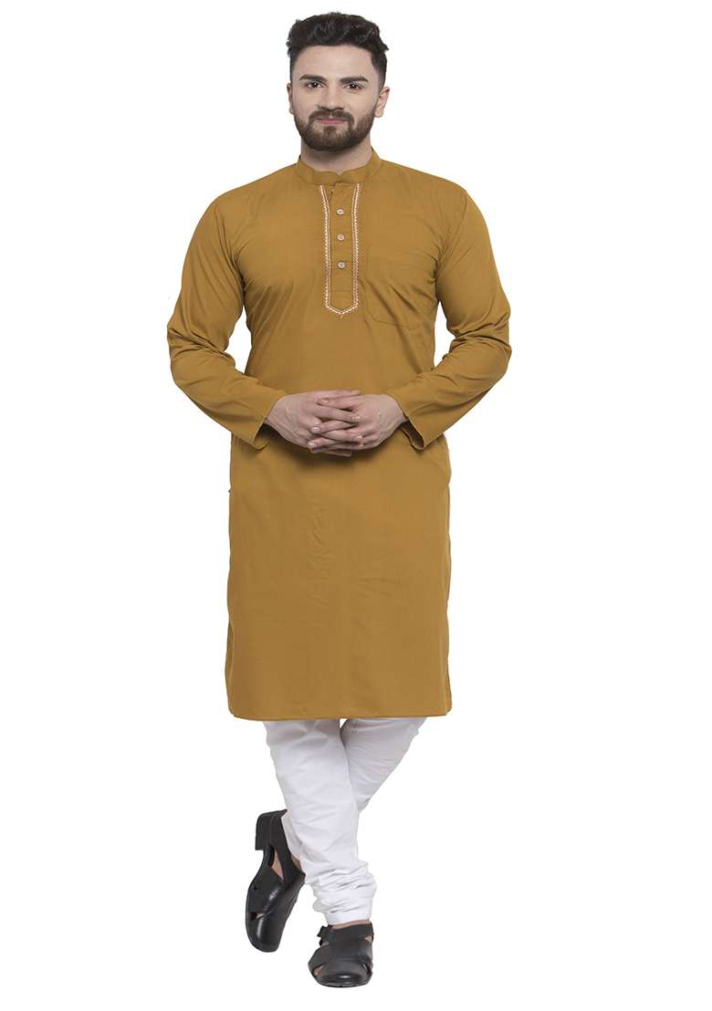 Yellow Embroidery Sequins Work Cotton Blend Kurta Set For Men - Indya