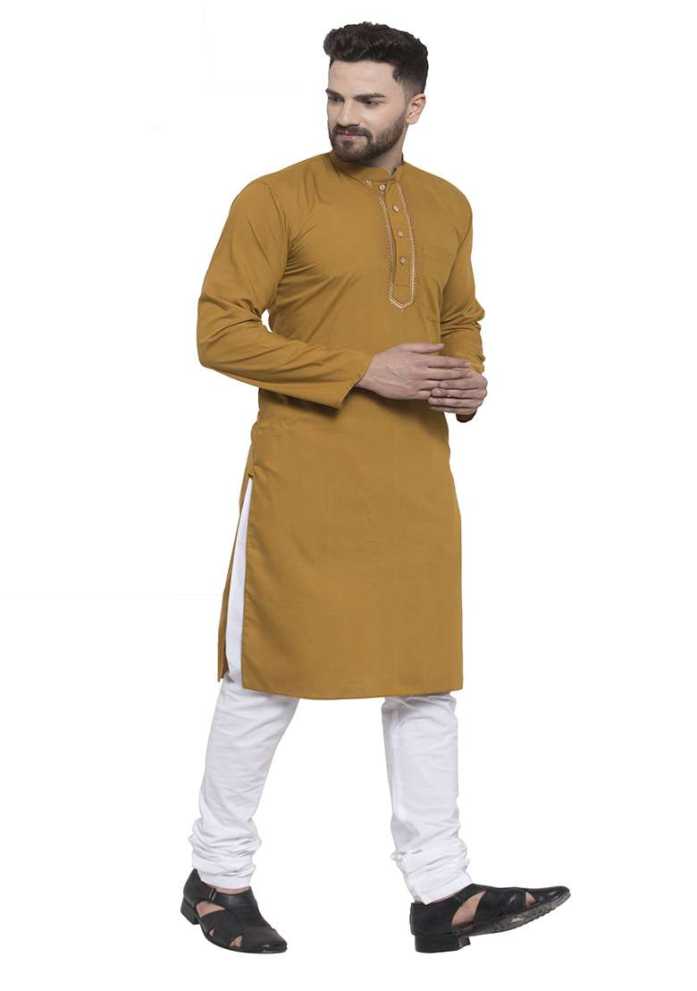 Yellow Embroidery Sequins Work Cotton Blend Kurta Set For Men - Indya