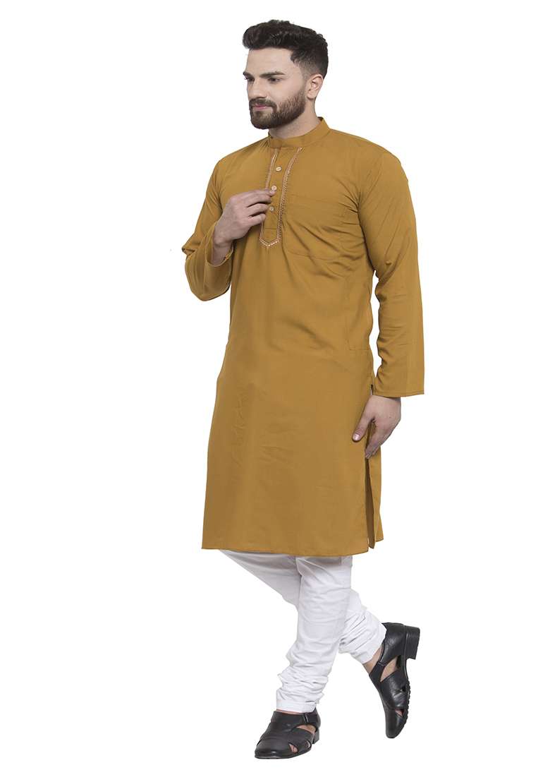 Yellow Embroidery Sequins Work Cotton Blend Kurta Set For Men - Indya