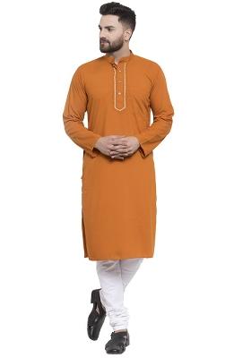 Dusty Orange Embroidery Sequins Work Cotton Blend Kurta Set For Men
