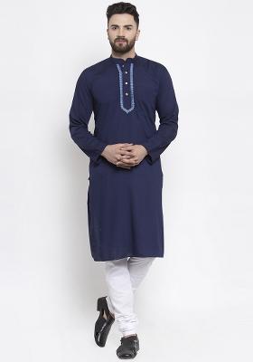 Navy Embroidery Sequins Work Cotton Blend Kurta Set For Men