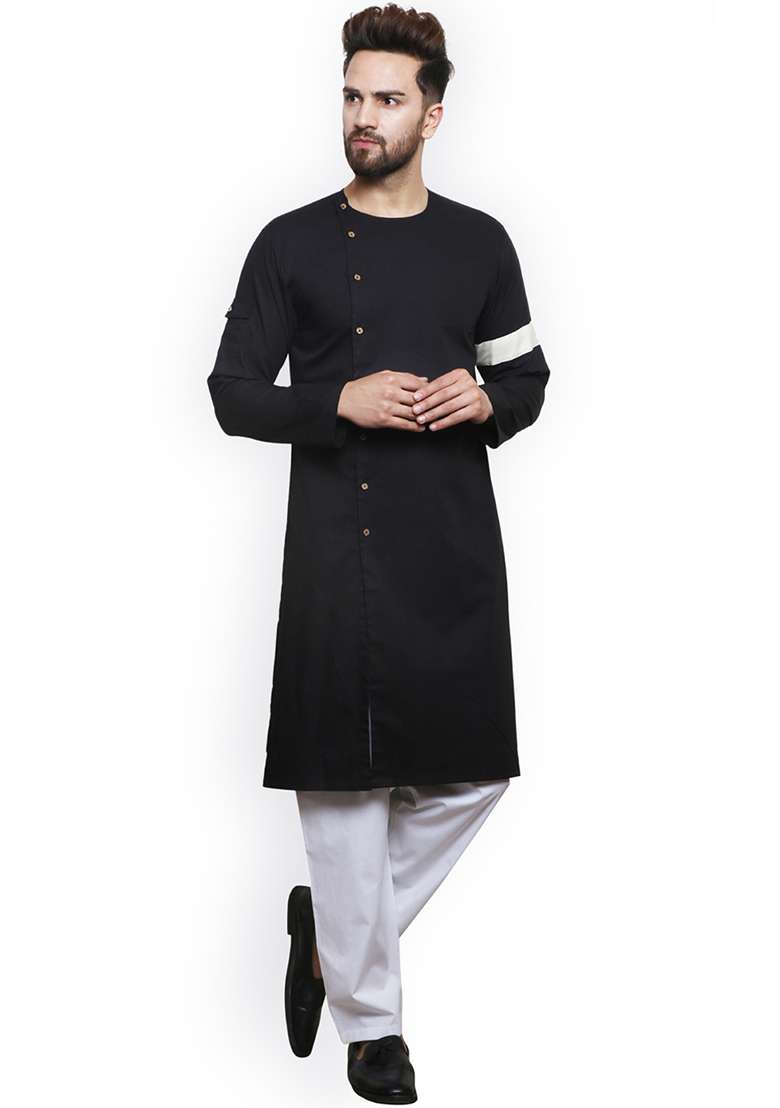 Black Embroidery Sequins Work Cotton Blend Kurta Set For Men - Indya