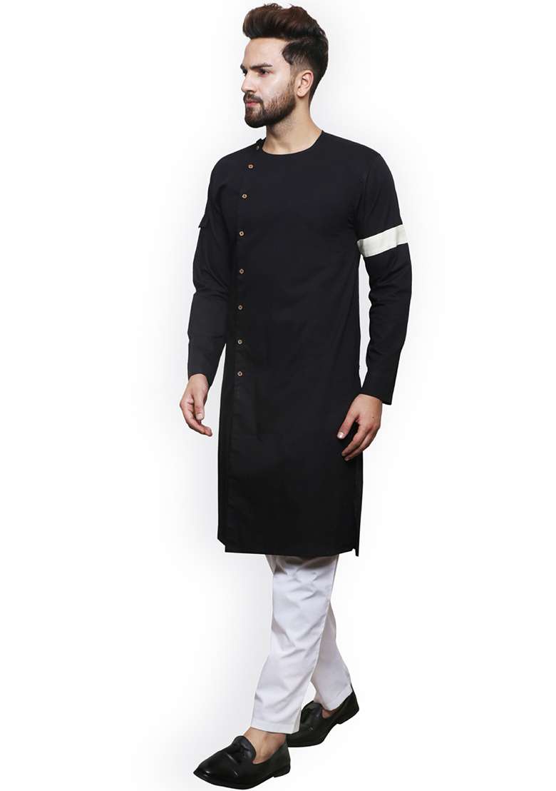 Black Embroidery Sequins Work Cotton Blend Kurta Set For Men - Indya