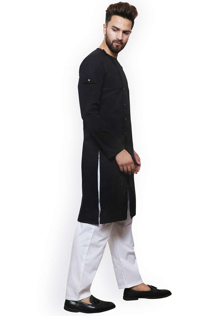 Black Embroidery Sequins Work Cotton Blend Kurta Set For Men - Indya