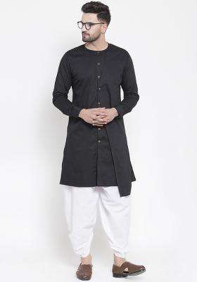 Black Embroidery Sequins Work Cotton Blend Kurta Set For Men