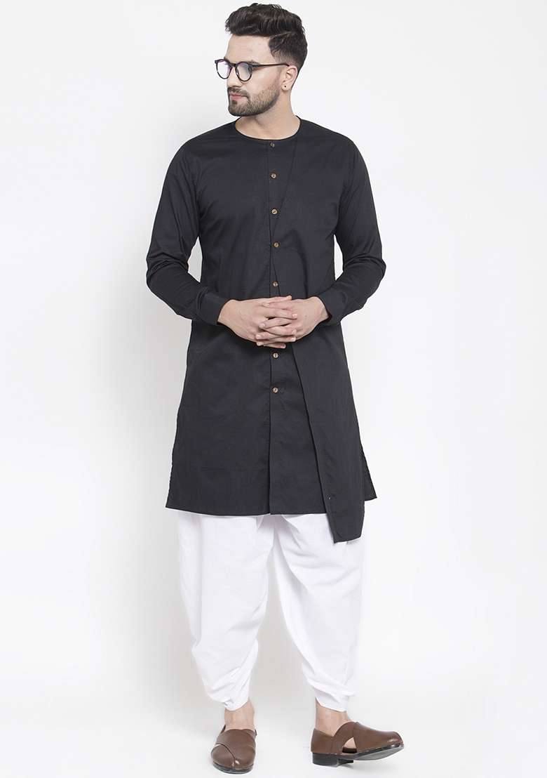 Black Embroidery Sequins Work Cotton Blend Kurta Set For Men - Indya