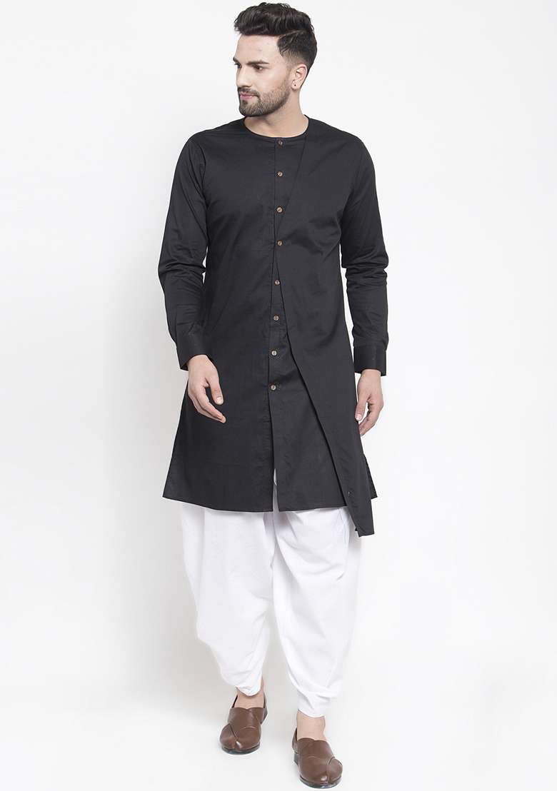 Black Embroidery Sequins Work Cotton Blend Kurta Set For Men - Indya