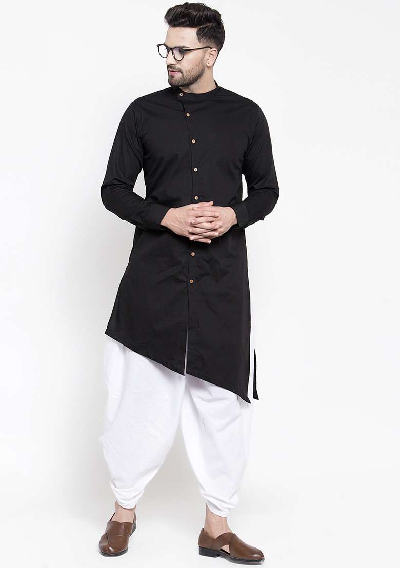 Black Embroidery Sequins Work Cotton Blend Kurta Set For Men - Indya