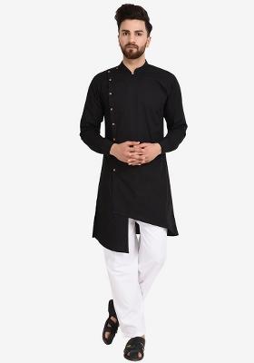 Black Embroidery Sequins Work Cotton Blend Kurta Set For Men