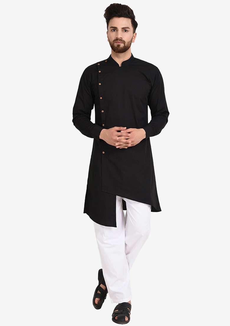 Black Embroidery Sequins Work Cotton Blend Kurta Set For Men - Indya