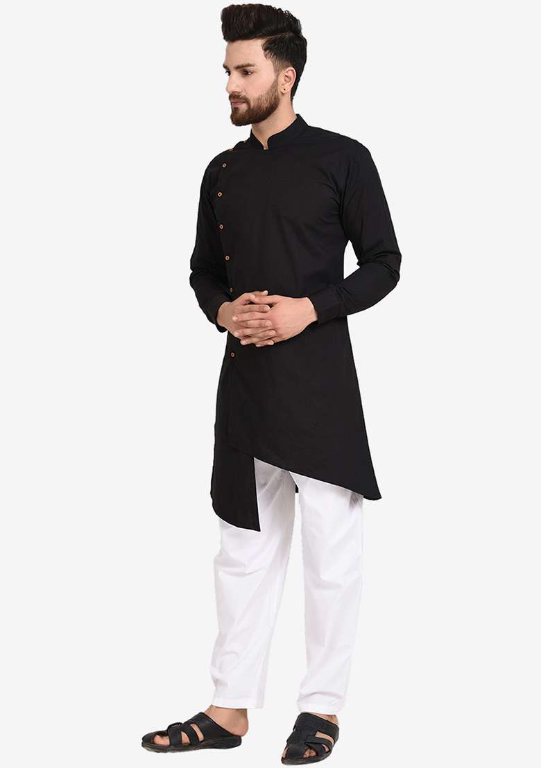 Black Embroidery Sequins Work Cotton Blend Kurta Set For Men - Indya