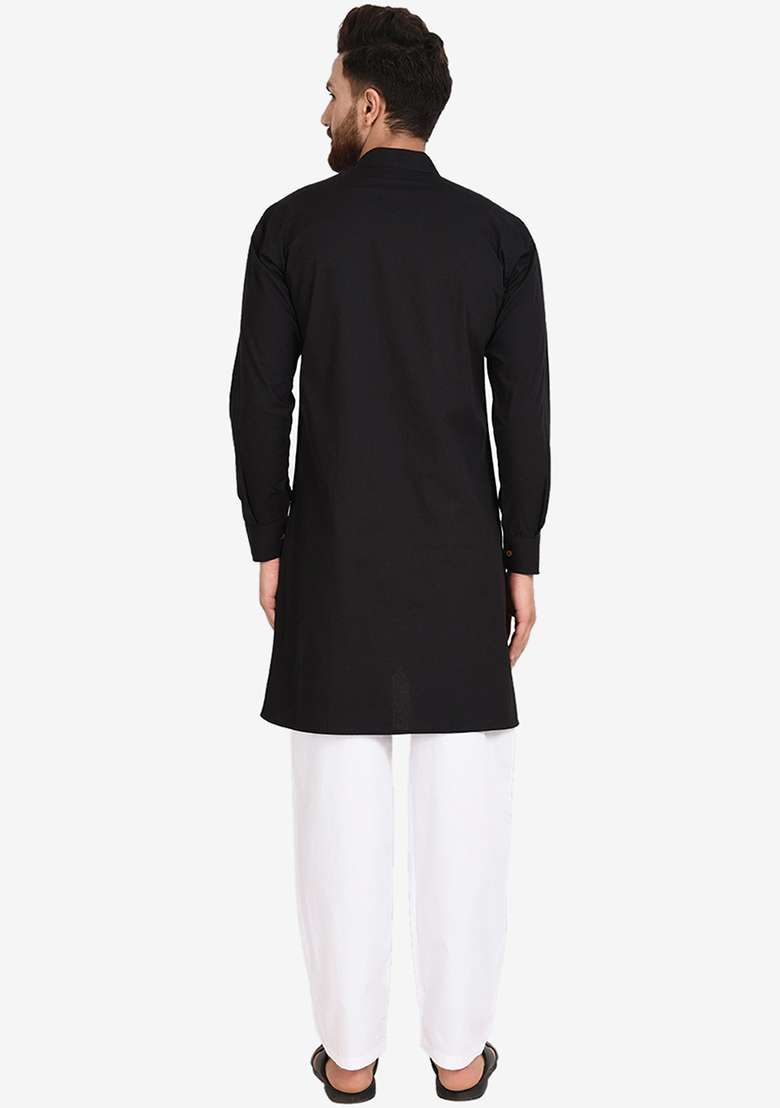 Black Embroidery Sequins Work Cotton Blend Kurta Set For Men - Indya