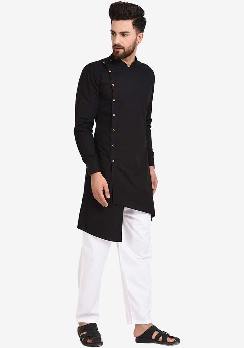 Black Embroidery Sequins Work Cotton Blend Kurta Set For Men - Indya