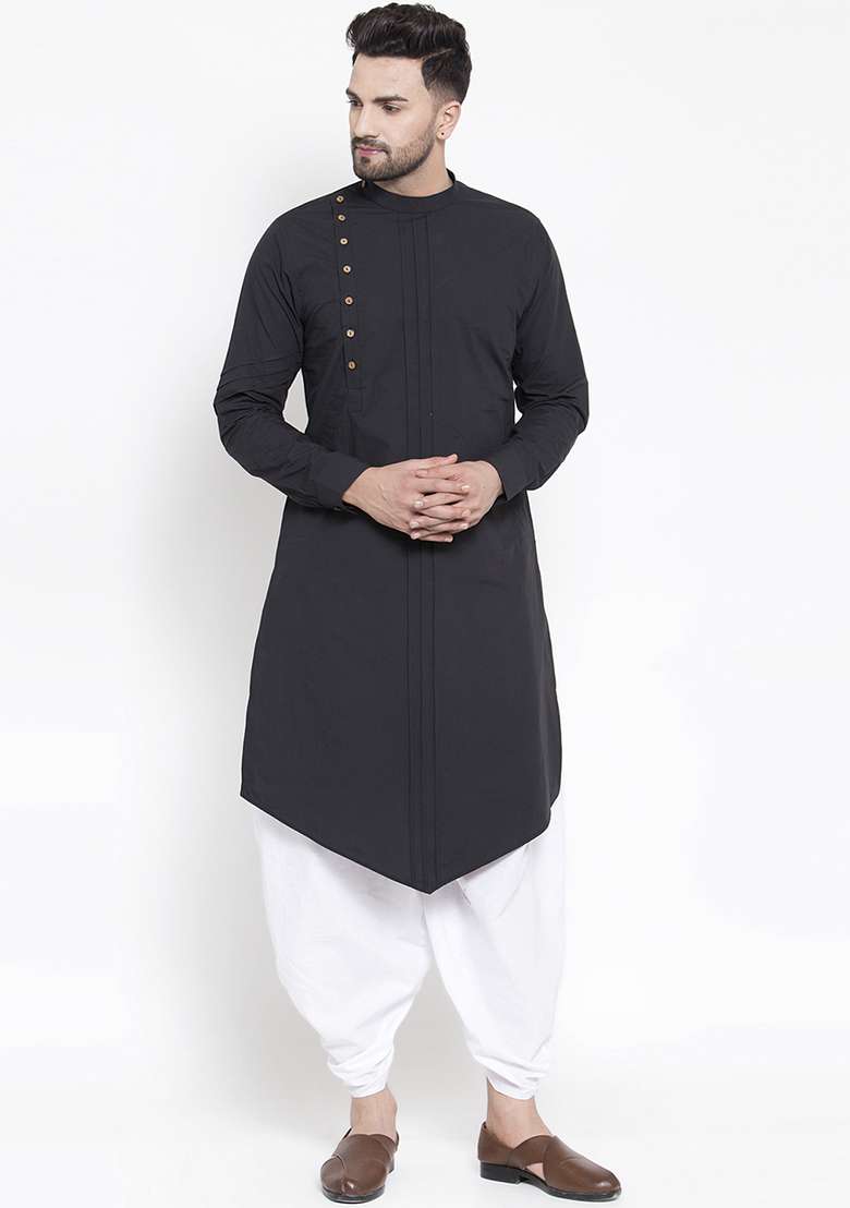 Black Embroidery Sequins Work Cotton Blend Kurta Set For Men - Indya