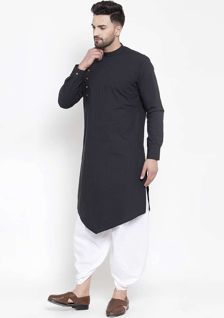 Black Embroidery Sequins Work Cotton Blend Kurta Set For Men - Indya