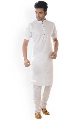 White Embroidery Sequins Work Cotton Blend Kurta Set For Men