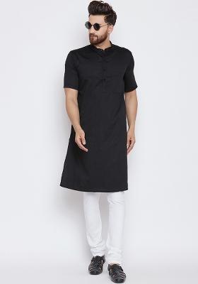 Black Embroidery Sequins Work Cotton Blend Kurta Set For Men