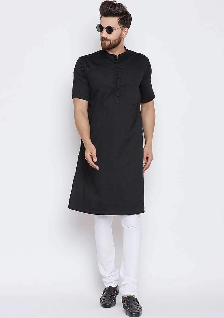 Black Embroidery Sequins Work Cotton Blend Kurta Set For Men - Indya
