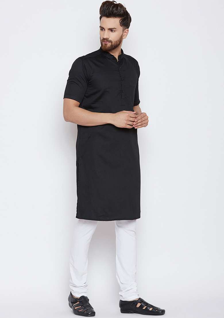 Black Embroidery Sequins Work Cotton Blend Kurta Set For Men - Indya