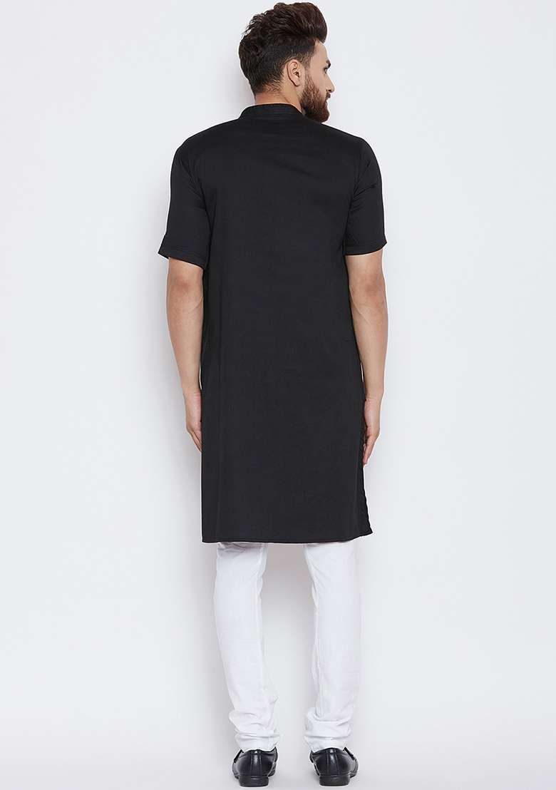 Black Embroidery Sequins Work Cotton Blend Kurta Set For Men - Indya