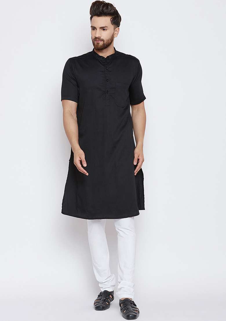 Black Embroidery Sequins Work Cotton Blend Kurta Set For Men - Indya