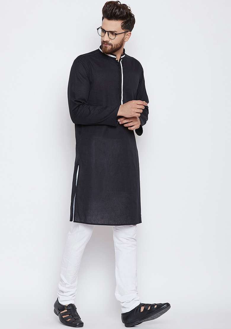 Black Embroidery Sequins Work Cotton Blend Kurta Set For Men - Indya