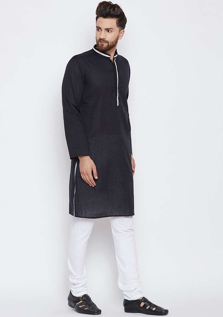 Black Embroidery Sequins Work Cotton Blend Kurta Set For Men - Indya