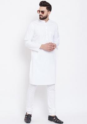 White Embroidery Sequins Work Cotton Blend Kurta Set For Men