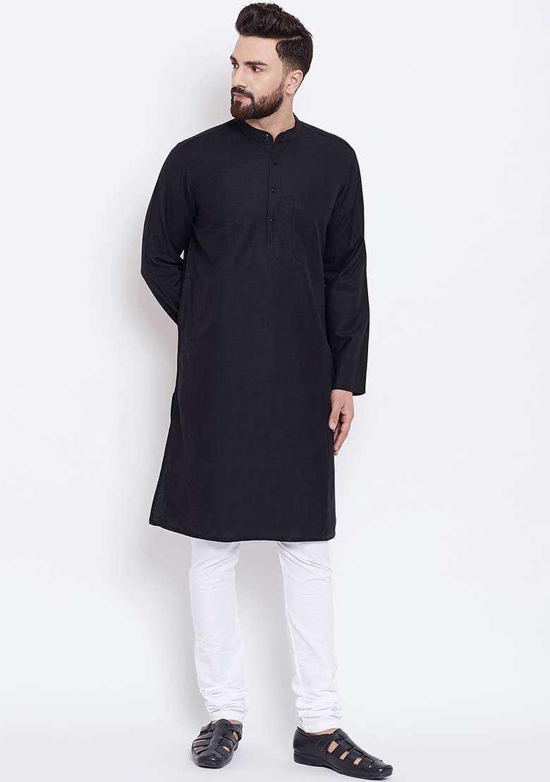 Black Embroidery Sequins Work Cotton Blend Kurta Set For Men - Indya