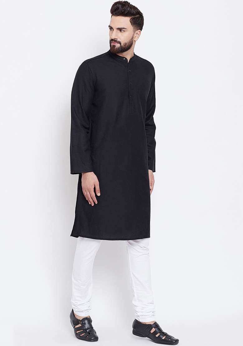 Black Embroidery Sequins Work Cotton Blend Kurta Set For Men - Indya