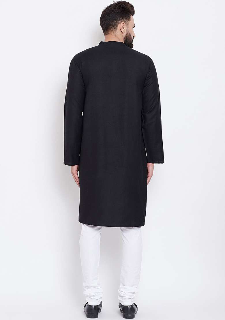 Black Embroidery Sequins Work Cotton Blend Kurta Set For Men - Indya